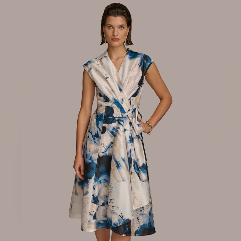 NWT Donna Karan New York Print Midi Wrap Dress in Tide/Cream